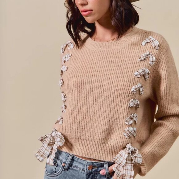 SO ME Checkered Plaid Tape Lace Up Ribbed Sweater - Picture 6 of 16